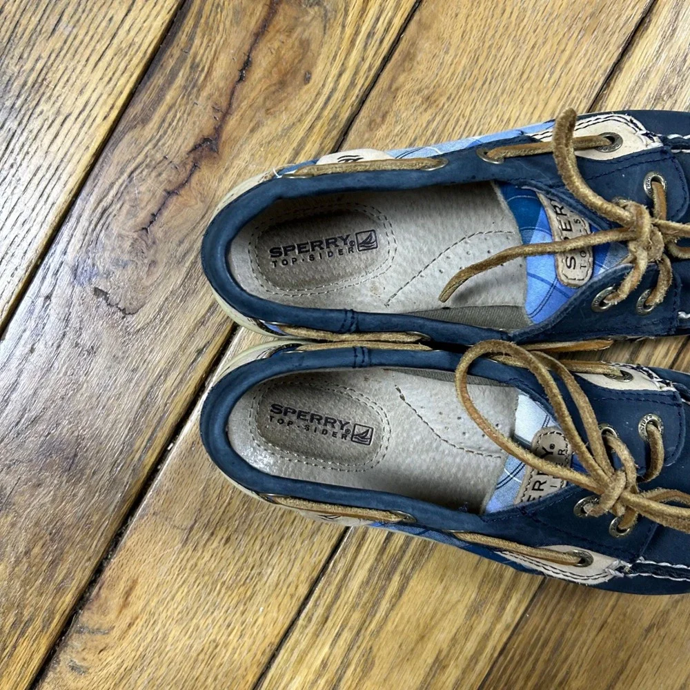 Sperry Top Sider‎ Boat Shoes Blue Plaid Tan Leather Lace Up Women 6M